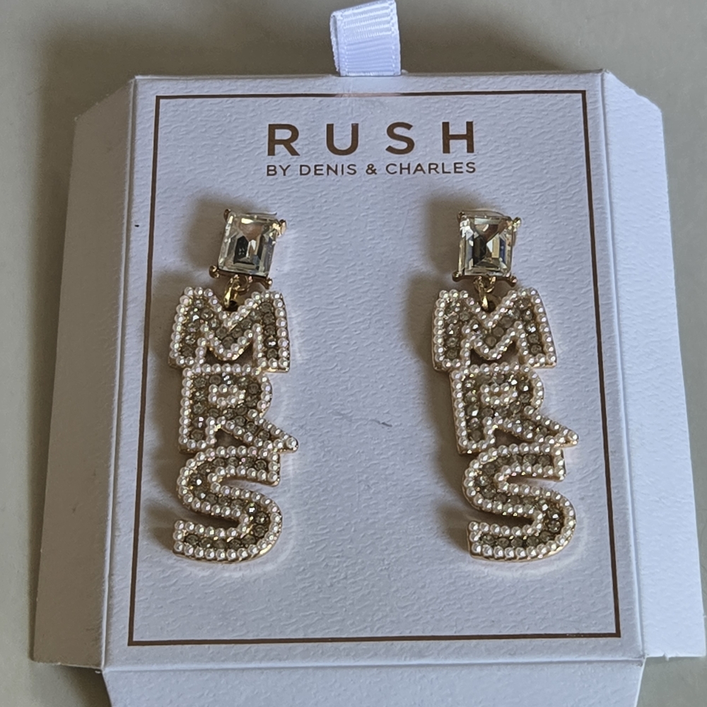 Rush Denis & Charles Rhinestone Faux Pearl MRS Bride Pierced Dangle Earrings
